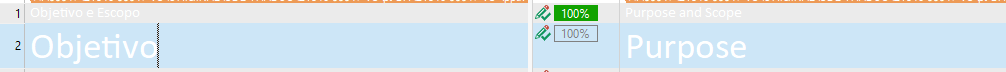 Screenshot of Trados Studio showing text 'Objetivo e Escopo' with incorrect white font color and larger size compared to 'Purpose and Scope'.