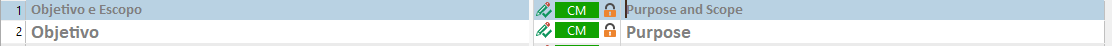 Screenshot of Trados Studio displaying text 'Objetivo e Escopo' with correct font color and size matching the 'Purpose and Scope' segment.