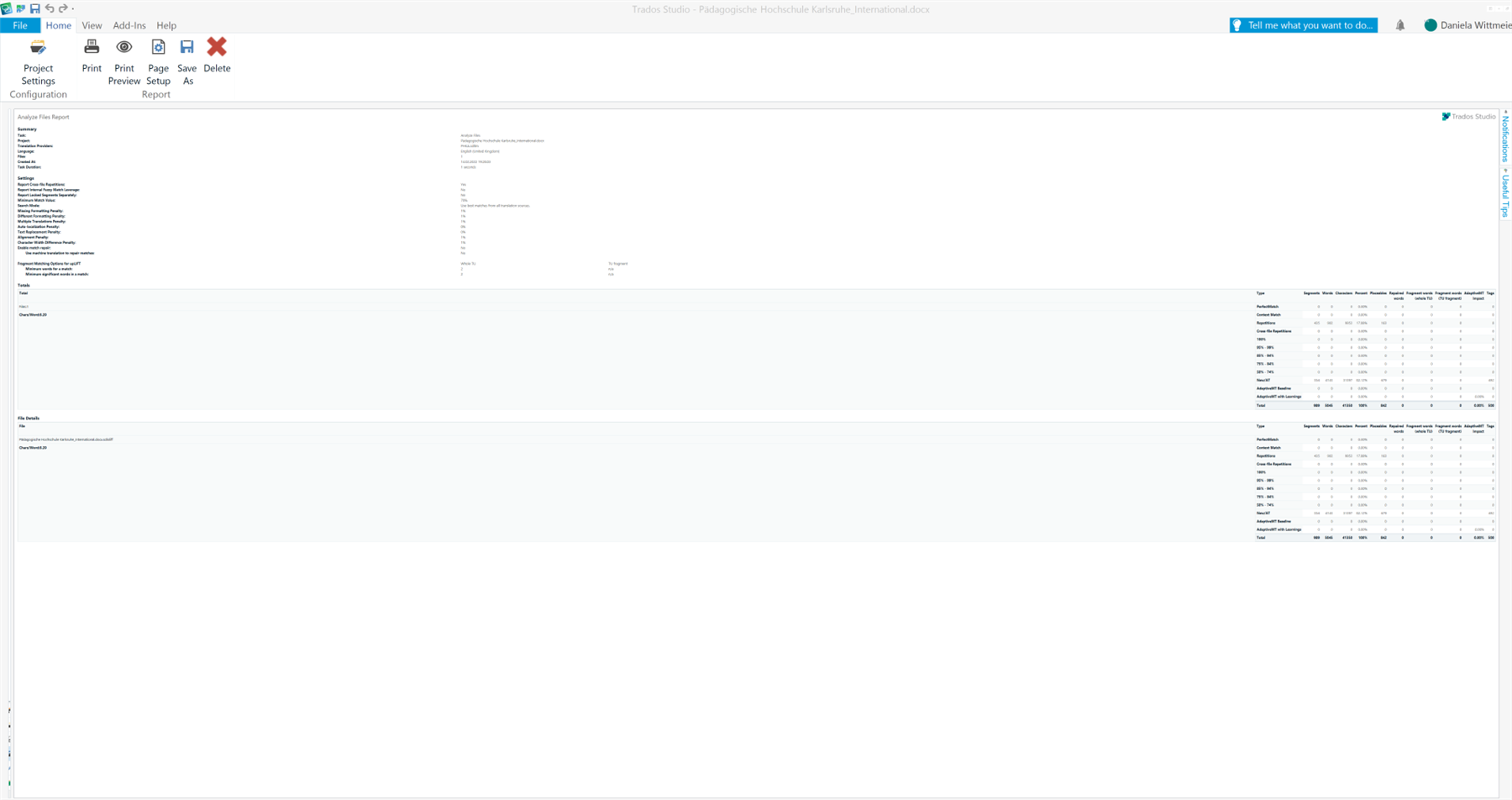 Screenshot of Trados Studio showing an analyze report with small font size, making it difficult to read. The right side of the report is cut off when printed as a PDF.