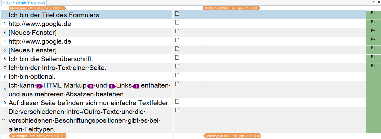 Trados Studio interface showing a translation project with Multilingual XML File Type version 1.0.0.0. Text segments are displayed with source and target columns, including URLs and text fields.