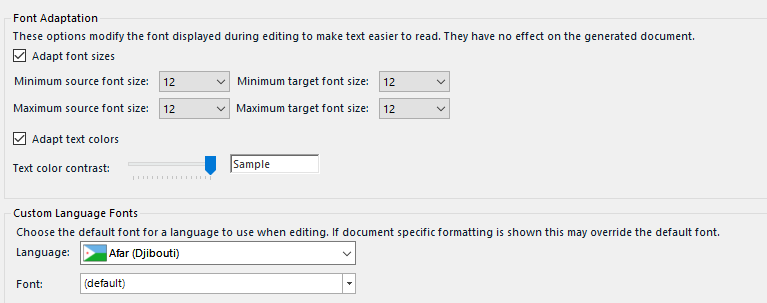 Trados Studio Font Adaptation settings with 'Adapt font sizes' and 'Adapt text colors' checked. Minimum and maximum source and target font sizes set to 12. Text color contrast sample shown. Language set to Afar (Djibouti) with default font.