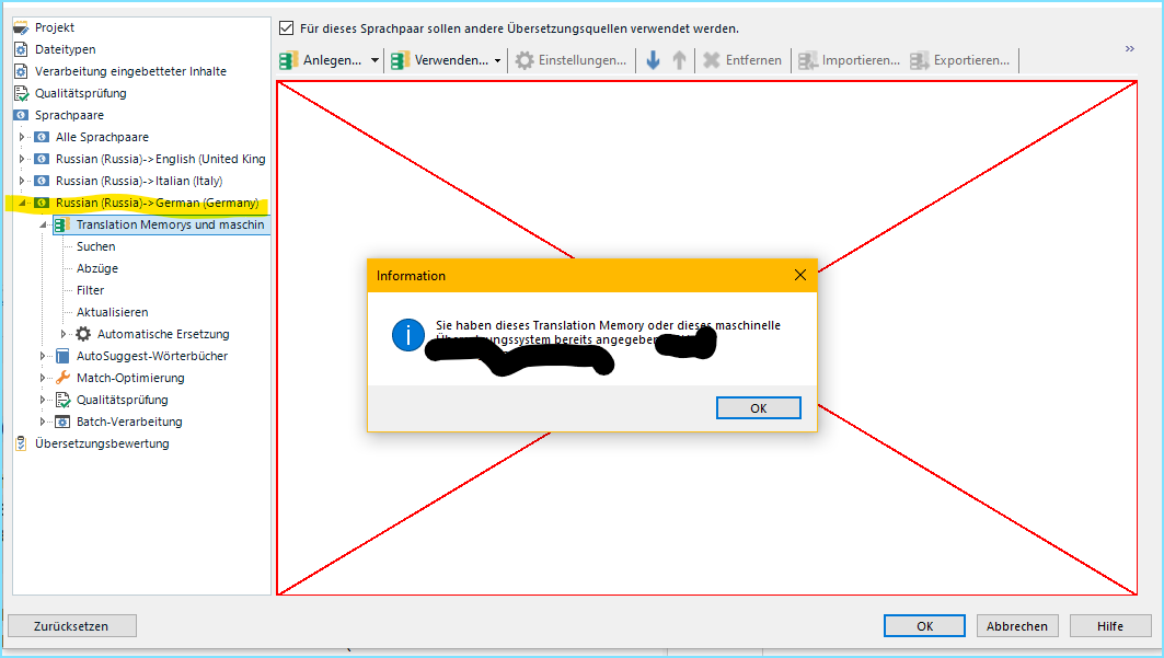 Trados Studio error message in an information pop-up saying 'Sie haben dieses Translation Memory oder dieses maschinelle Uebersetzungssystem bereits angegeben' with an OK button.