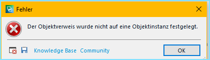Error message in Trados Studio stating 'The object reference was not set to an object instance.' with options for Knowledge Base and Community.