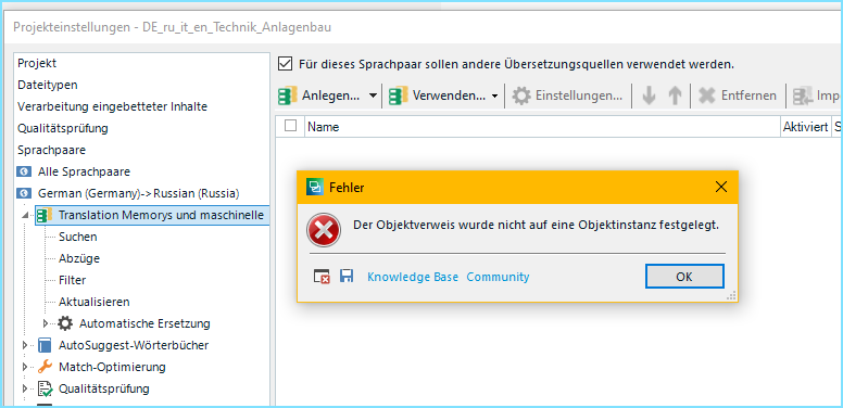 Trados Studio error message popup saying 'Der Objektverweis wurde nicht auf eine Objektinstanz festgelegt' with an OK button.