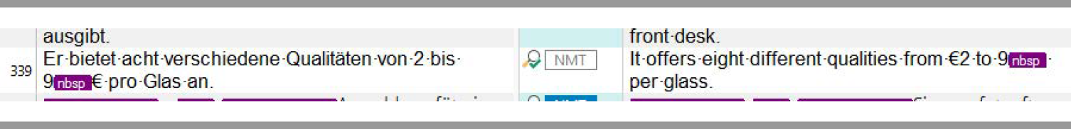 Screenshot of Trados Studio showing a German to English translation segment with currency values. The source text includes '2 bis 9 Euro pro Glas' and the target text shows 'from  2 to 9 per glass.'