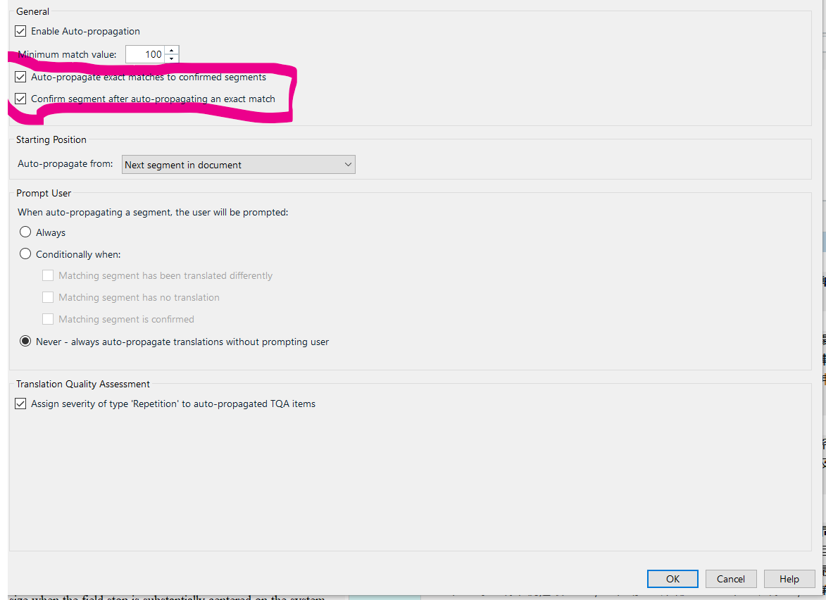 Trados Studio options window with 'Confirm segment after auto-propagating an exact match' checkbox checked and highlighted, indicating an issue with modifying options.