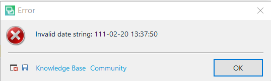Error message window in Trados Studio displaying 'Invalid date string: 111-02-20 13:37:50', suggesting a problem with upgrading the TM.