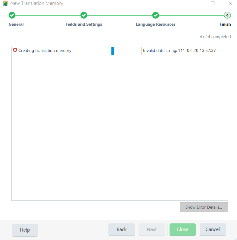 New Translation Memory creation window in Trados Studio showing an error 'Invalid date string: 111-02-20 13:57:37', preventing the use of TM while translating.
