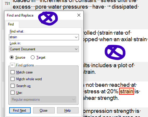 Trados Studio search window with 'Find what' field containing the word 'strain'. The window is not set to 'always on top' and is partially obscured by the main Trados window.