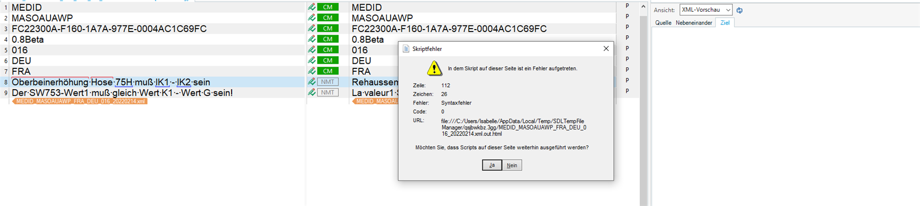 Trados Studio interface showing a list of files with status indicators, and an error message 'Syntaxfehler' in a pop-up window.