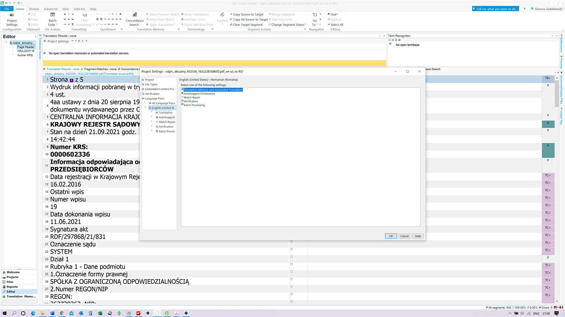 Trados Studio project settings window with language pair set to English (United States) - Romanian, indicating incorrect language pair selection.