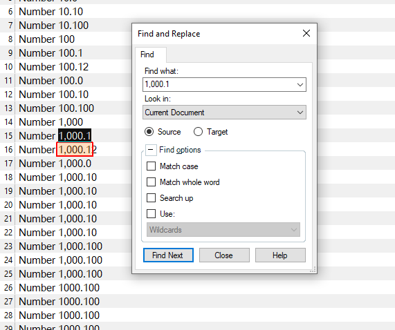 Trados Studio screenshot showing the Find and Replace dialog with '1.000.1' entered in 'Find what' field and 'Match whole word' option checked. The cursor highlights segment 'Number 1,000.1' in the document.