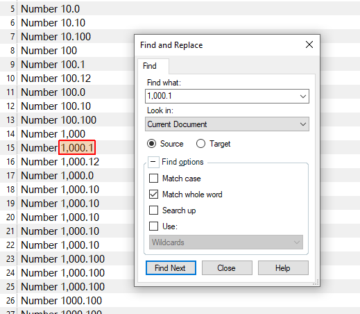 Trados Studio screenshot with the Find and Replace dialog open. '1.000.1' is typed in the 'Find what' field without 'Match whole word' selected. The cursor incorrectly highlights 'Number 1,000.12' in the document.