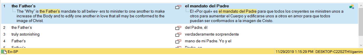 Screenshot of Trados Studio translation segments with source text in English and target text in Spanish, showing no translation suggestions for the selected segment.