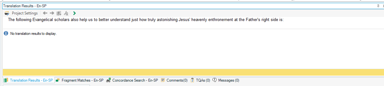 Screenshot of Trados Studio with a message 'No translation results to display' in the Translation Results pane, indicating a problem with generating translations.