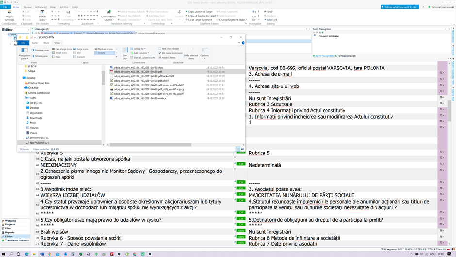 Trados Studio screenshot of file management window with a PDF file selected and Editor view in the background.