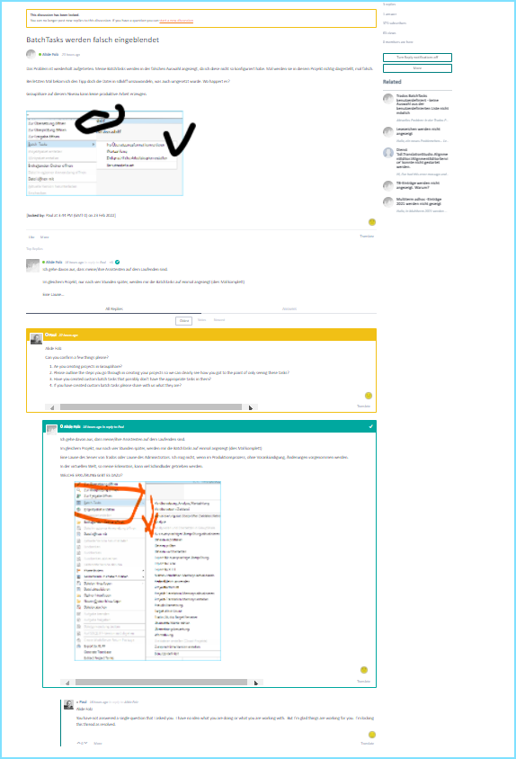Screenshot of a Trados Studio forum post titled 'BatchTasks werden falsch eingeblendet' with a user expressing issues with predefined batch tasks being incorrectly displayed in a project.