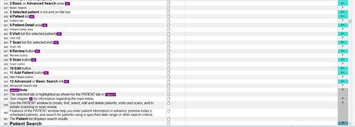 Screenshot of Trados Studio showing a list of index terms in a file to be translated, with 'Patient Search' highlighted, indicating it may be included in the translation.