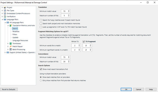 Trados Studio project settings window showing Translation Memory and Auto options with minimum match value and search options.