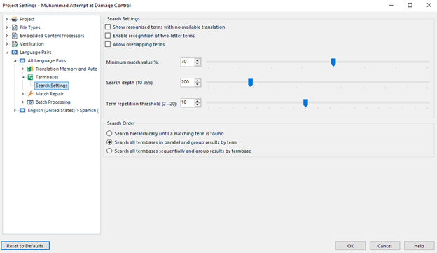 Trados Studio project settings window displaying Search Settings with options for recognized terms and minimum match value slider.