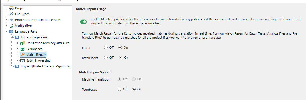Trados Studio Match Repair settings window with options for using Match Repair in the Editor and Batch Tasks, and sources for Match Repair.