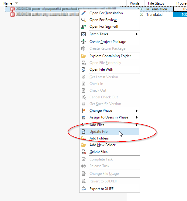 Trados Studio screenshot showing a right-click context menu with 'Update File' option highlighted, indicating where to update a modified source file.