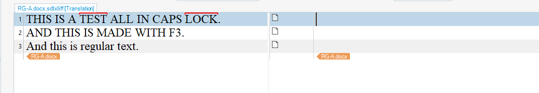 Screenshot of Trados Studio interface showing three lines of text. The first line is in all caps, the second line is styled with F3, and the third is regular text. No visible errors or warnings.
