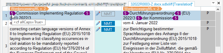 Trados Studio interface showing imported tags with 'caps lock' attribute applied to text in the source and target language columns.