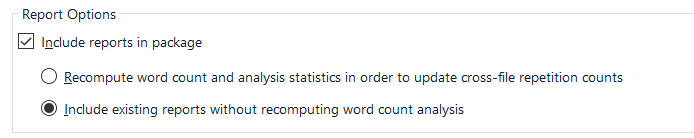 Trados Studio screenshot showing Report Options with 'Include reports in package' option ticked but reports not included in the package.