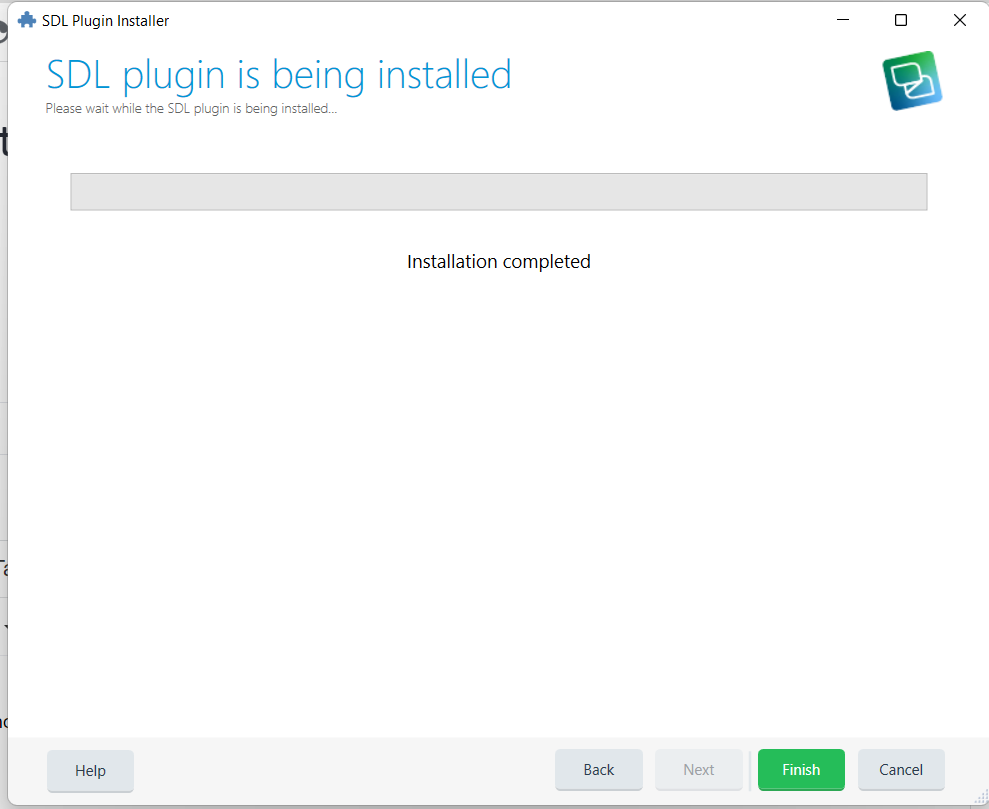 SDL Plugin Installer window showing message 'SDL plugin is being installed' with a progress bar that has not moved, indicating a possible installation stall.