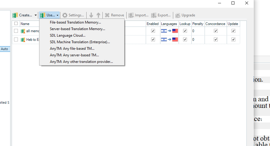 Trados Studio 2021 translation memory selection window showing options including File-based TM, Server-based TM, SDL Machine Translation, and AnyTM with 'Heb to Eng' and 'all mem' TMs listed but not selected.