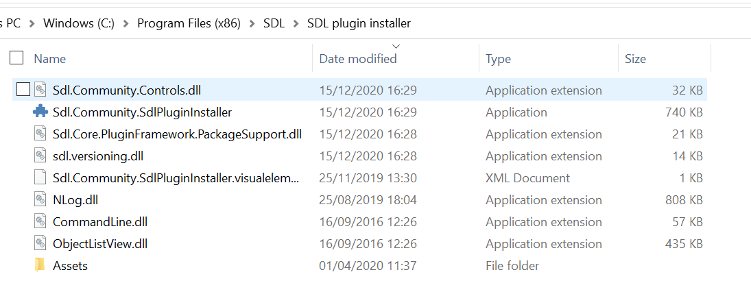 File Explorer window showing contents of SDL plugin installer directory with files such as 'Sdl.Community.Controls.dll' and 'Sdl.Community.SdlPluginInstaller' listed.
