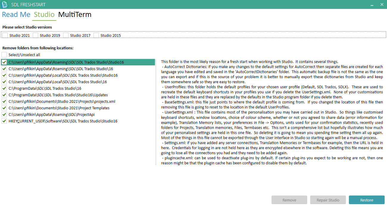 Screenshot of SDL Freshstart app showing options to select Trados Studio versions and a list of folders to remove with explanations for each folder's significance in resetting settings.