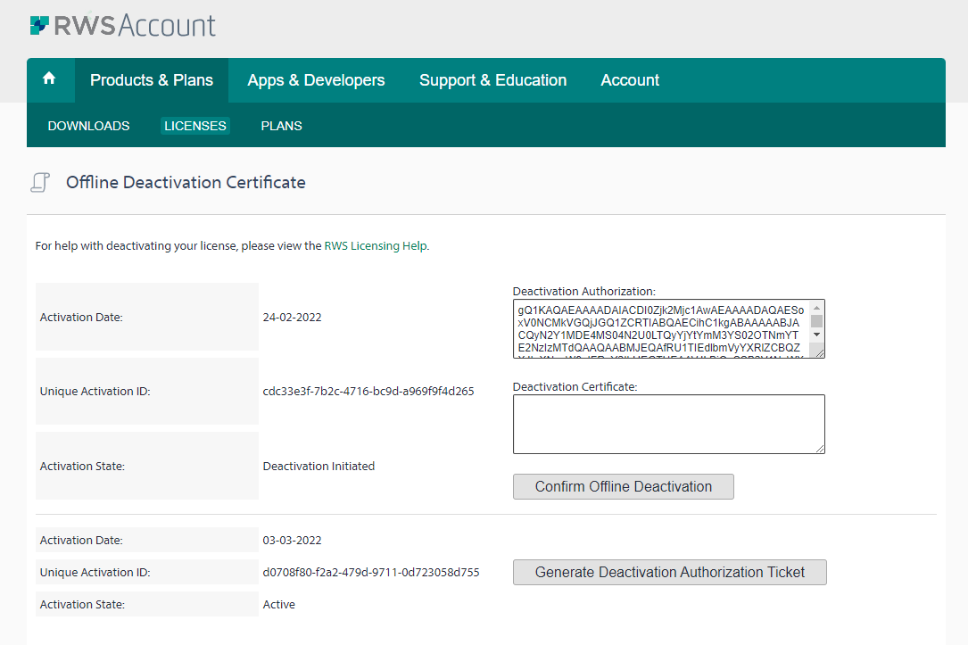 Screenshot of RWS Account showing Offline Deactivation Certificate page with one activation record for Trados Studio dated 24-02-2022 marked as 'Deactivation Initiated'.