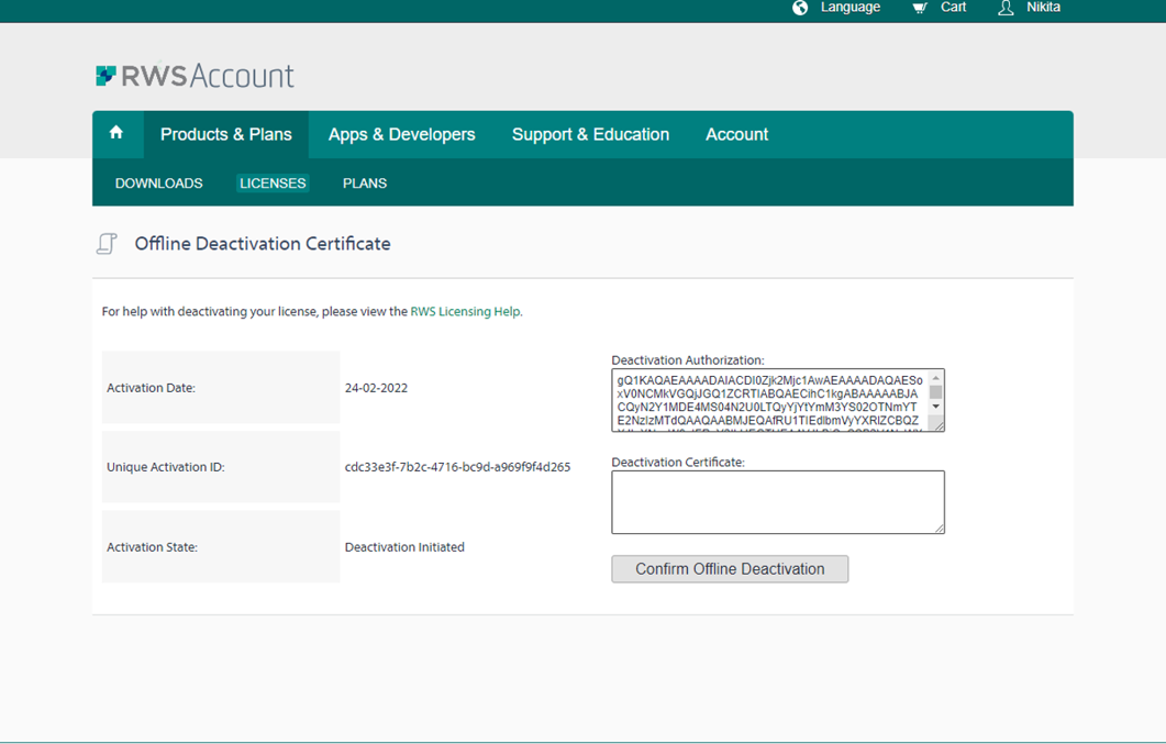 Screenshot of RWS Account showing Offline Deactivation Certificate page with one activation record for Trados Studio dated 03-03-2022 marked as 'Active'.