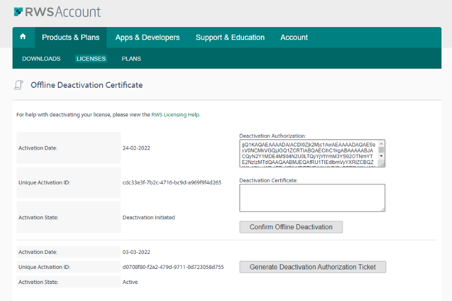 Screenshot of RWS Account showing Offline Deactivation Certificate page with two entries. The first entry shows Activation State as 'Deactivation Initiated' for Activation Date 24-02-2022. The second entry is active for Activation Date 03-03-2022.