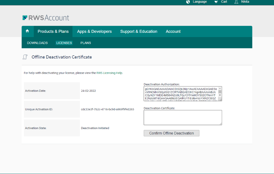 Screenshot of RWS Account showing Offline Deactivation Certificate page with one entry. The entry shows Activation State as 'Deactivation Initiated' for Activation Date 24-02-2022.