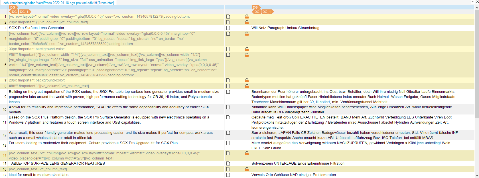 Screenshot of Trados Studio editor with pseudo-translated text and custom rules applied.
