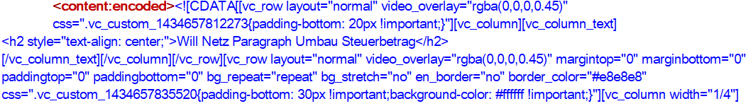 Screenshot of XML code snippet with CDATA section and custom parser rule applied.