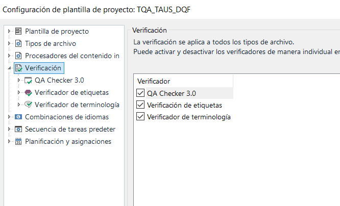 Trados Studio project template configuration window showing 'Verification' expanded with 'QA Checker 3.0', 'Tag Verifier', and 'Terminology Verifier' checked.