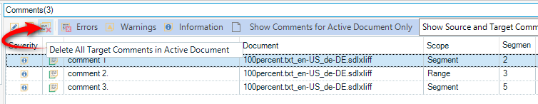Trados Studio Comments tab showing a red exclamation mark indicating a severity issue, with options to delete comments and a list of comments with document names and segment scope.