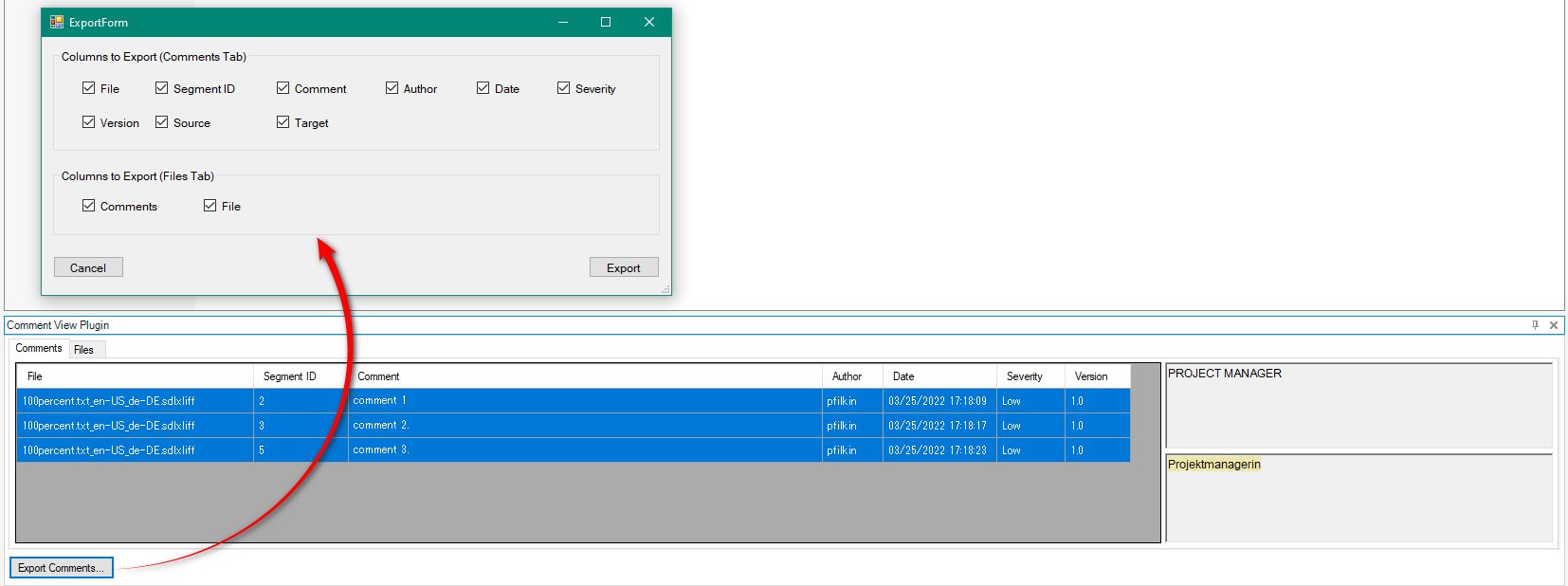 Export Form window from Trados Studio's Comment View Plugin with options to select columns for export and an arrow pointing towards the Export button.