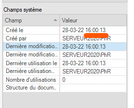 Trados Studio system fields window showing creation, modification, and last use dates and times, all set to 28-03-22 16:00:13, and created by user SERVEUR2020PHR.