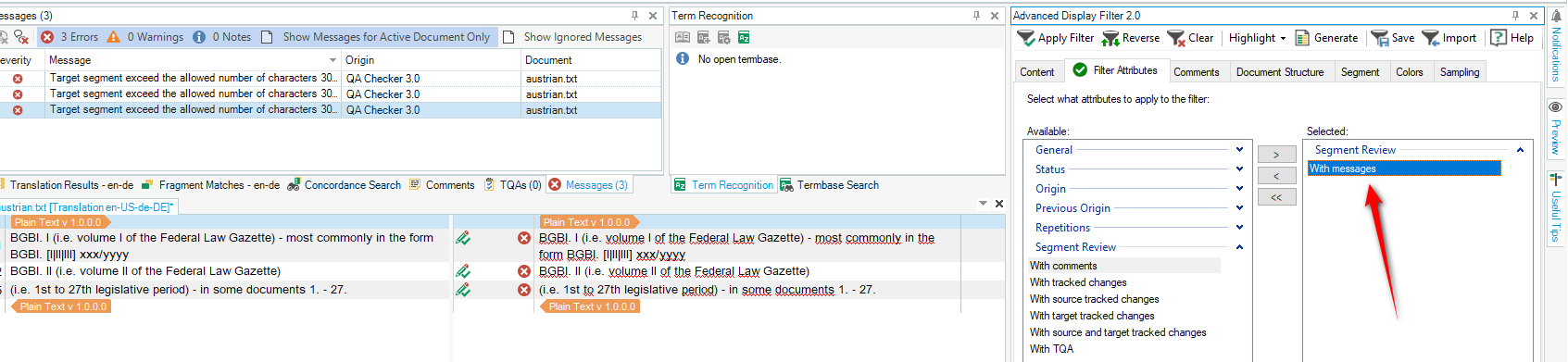 Trados Studio QA Checker displaying three errors indicating target segments exceeded the allowed number of characters 30.