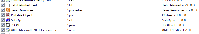 Trados Studio file type settings showing SubRip .srt assigned with SubRip v1.0.0.0 designation.