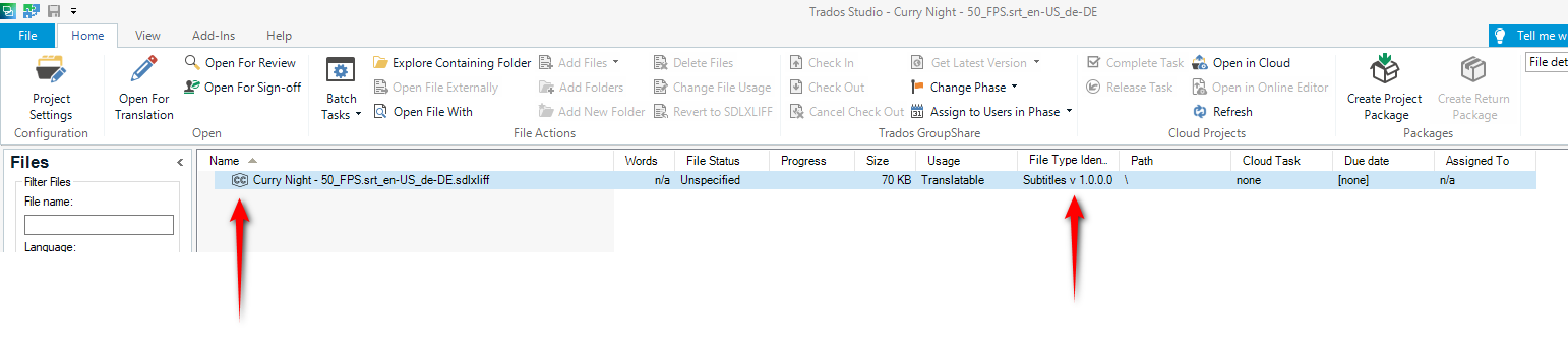 Trados Studio interface showing the Files view with one file named 'Curry Night - 50_FPS.srt_en-US_de-DE.sdlxliff' listed. File status is 'Unspecified' and file type is 'Subtitles v.1.0.0.0'. No errors or warnings visible.