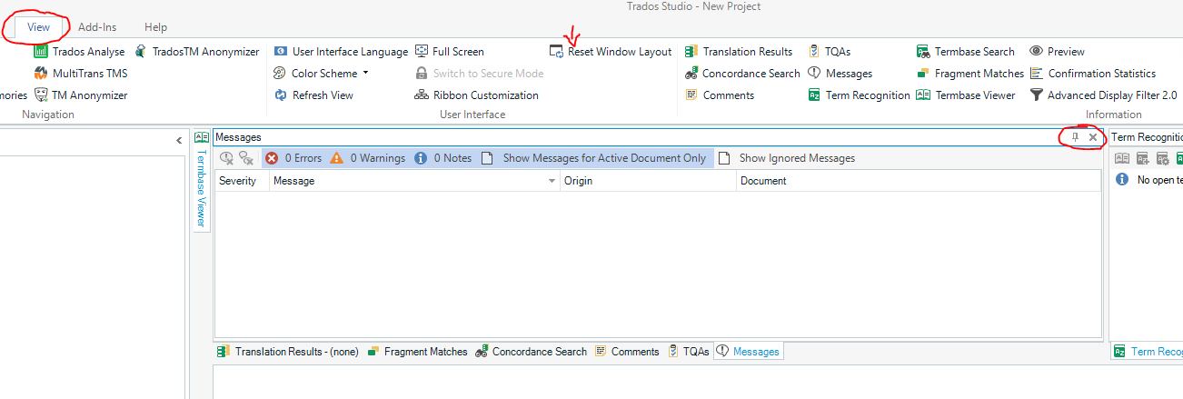 Trados Studio interface showing the 'View' tab highlighted with a red arrow pointing to 'Reset Window Layout' option. A red circle highlights the 'x' button on the 'Term Recognition' window.