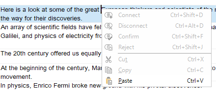 Screenshot of Trados Studio showing text with right-click menu options including Connect, Disconnect, Confirm, Reject, Cut, Copy, and Paste.