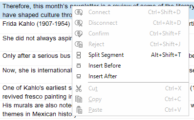Screenshot of Trados Studio with right-click menu open displaying options such as Connect, Disconnect, Reject, Split Segment, Insert Before, Insert After, Cut, Copy, and Paste.