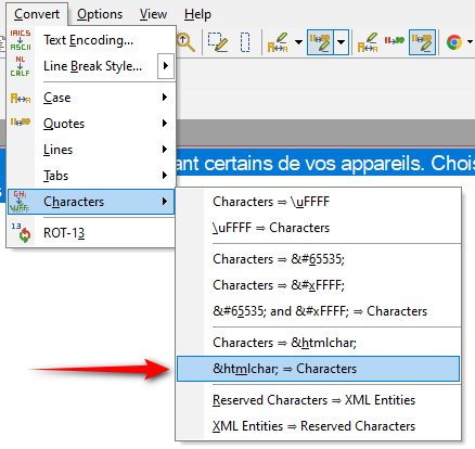 Screenshot of EditPadPro software showing a dropdown menu with text encoding options and a list of character conversions, including HTML entities to characters.